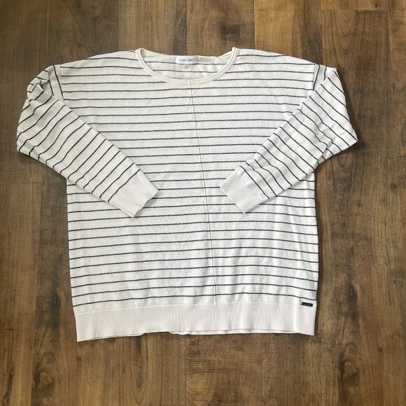 Calvin Klein Women’s White Striped Lightweight Sweater Medium Long Sleeve Cotton - Picture 1 of 8